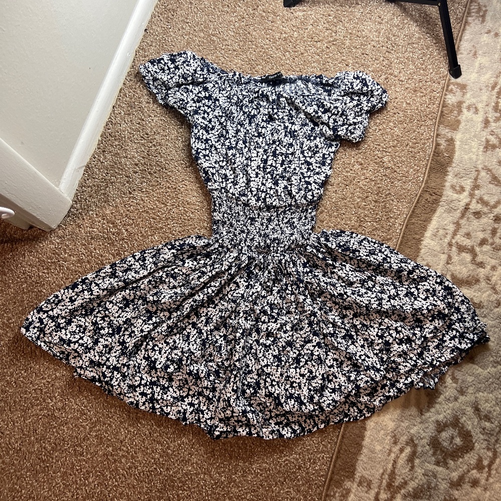 Navy Blue White Flower Mini Dress